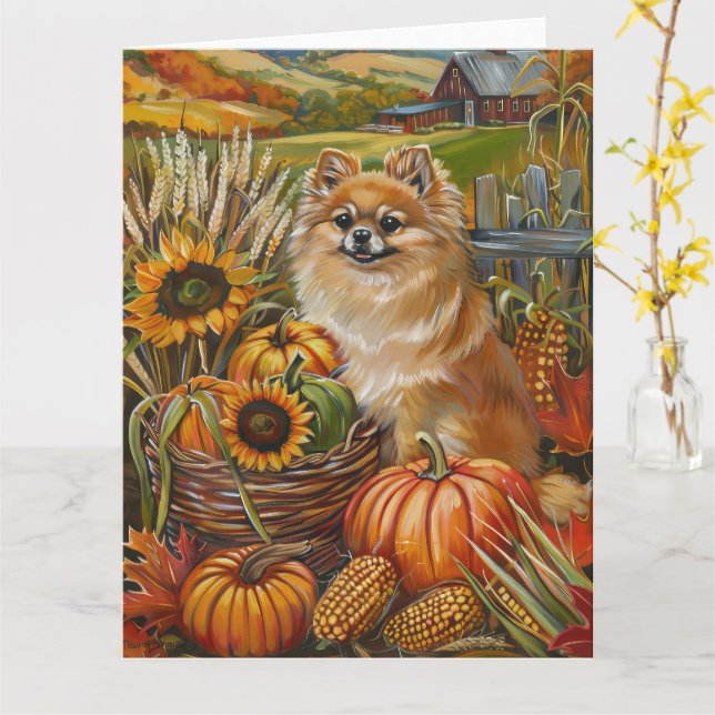 Spitz Hund Herbst Ernte Erntedank Karte (Gelbe Blume)