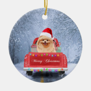 Spitz Hund im Schnee sitzen im Weihnachtswagen Keramik Ornament