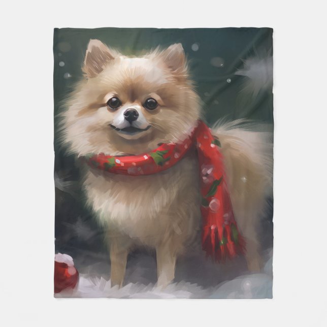 Spitz Hund im Schnee Weihnachten Fleecedecke (Vorderseite)