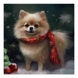 Spitz Hund im Schnee Weihnachten Poster