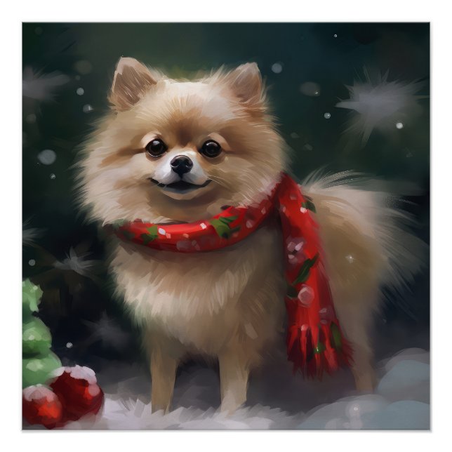 Spitz Hund im Schnee Weihnachten Poster (Vorderseite)
