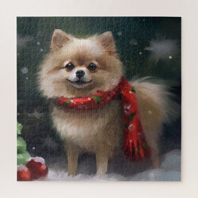 Spitz Hund im Schnee Weihnachten Puzzle (Vertikal)