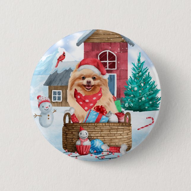 Spitz Hund im Schnee Weihnachtshundehaus Button (Vorderseite)