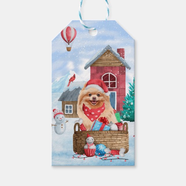 Spitz Hund im Schnee Weihnachtshundehaus Geschenkanhänger (Vorderseite)