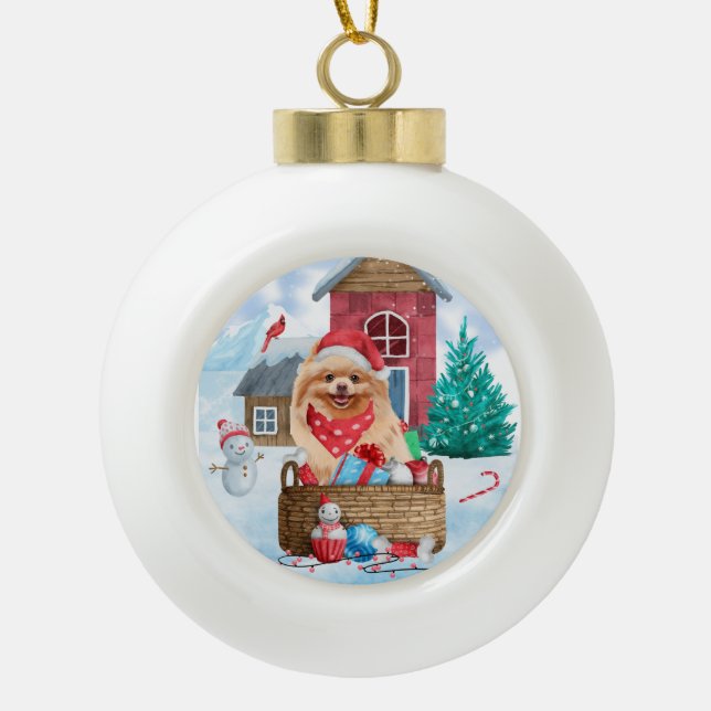 Spitz Hund im Schnee Weihnachtshundehaus Keramik Kugel-Ornament (Vorderseite)