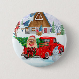 Spitz Hund in der Weihnachtslieferung LKW Schnee Button