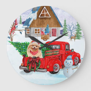 Spitz Hund in der Weihnachtslieferung LKW Schnee Große Wanduhr