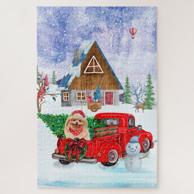 Spitz Hund in der Weihnachtslieferung LKW Schnee Puzzle (Vertikal)
