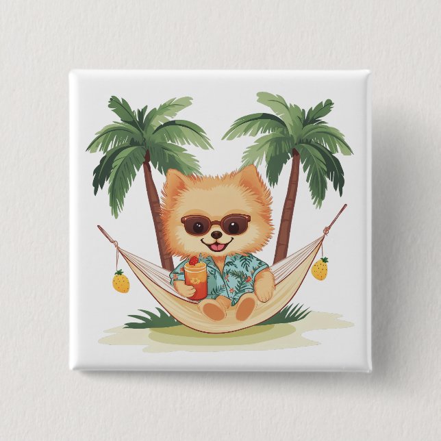 Spitz Hund in einem hawaiianischen Shirt Button (Vorderseite)