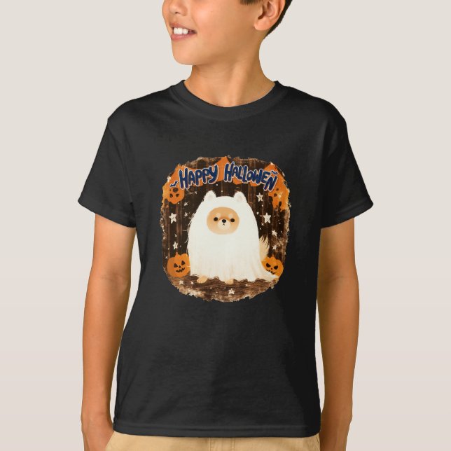 Spitz Hund in Ghost Costume - glückliches Hallowee T-Shirt (Vorderseite)