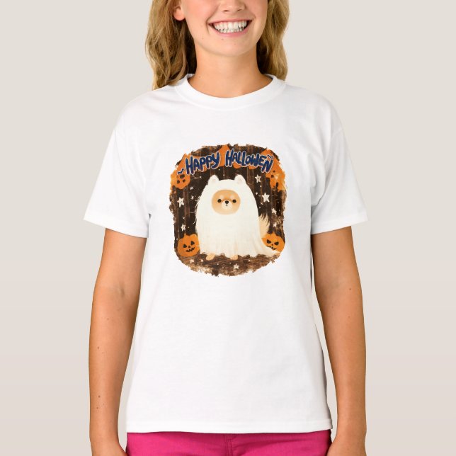 Spitz Hund in Ghost Costume - glückliches Hallowee T-Shirt (Vorderseite)