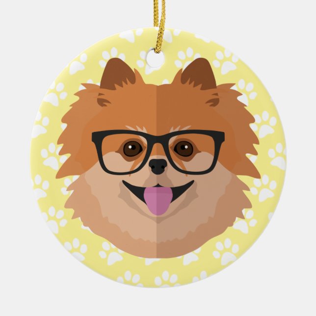 Spitz Hund in Nerd Brille | NIEDLICHER HIPSTER Keramik Ornament (Vorne)