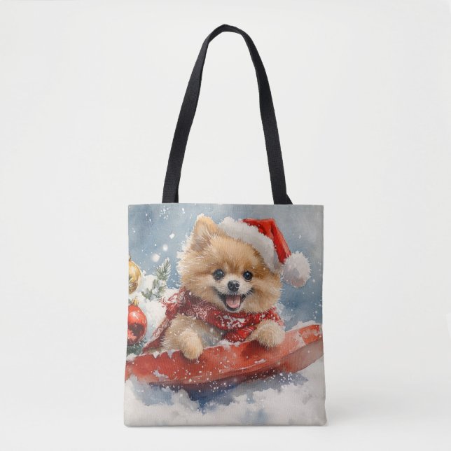 Spitz Hund in Sledge Lass es Schnee Weihnachten (Vorderseite)