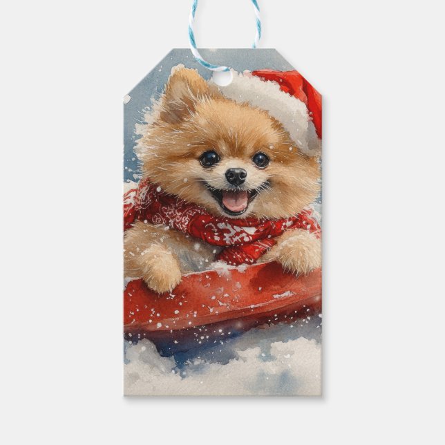 Spitz Hund in Sledge Lass es Schnee Weihnachten Geschenkanhänger (Vorderseite)