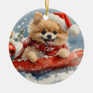 Spitz Hund in Sledge Lass es Schnee Weihnachten Keramik Ornament