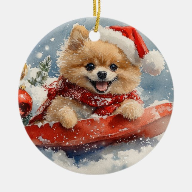 Spitz Hund in Sledge Lass es Schnee Weihnachten Keramik Ornament (Vorne)