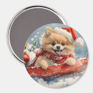 Spitz Hund in Sledge Lass es Schnee Weihnachten Magnet