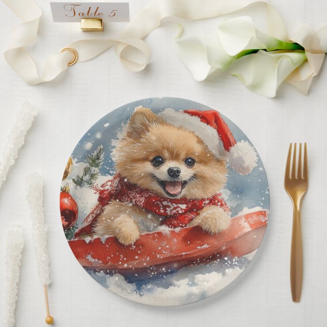 Spitz Hund in Sledge Lass es Schnee Weihnachten Pappteller (Hochzeit)