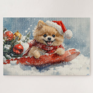 Spitz Hund in Sledge Lass es Schnee Weihnachten Puzzle