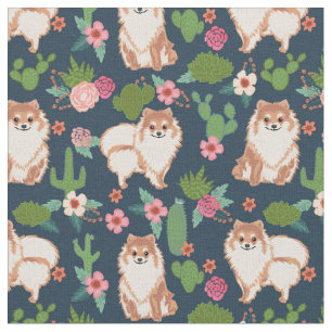 Spitz Hund Kaktus Blumenmeer Blau Stoff