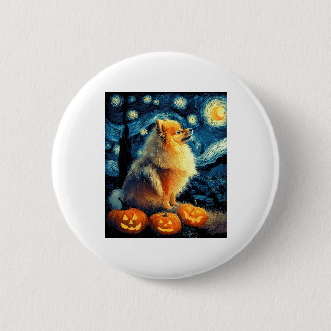 Spitz Hund liebt Malen von van Gogh Stars Button (Vorderseite)