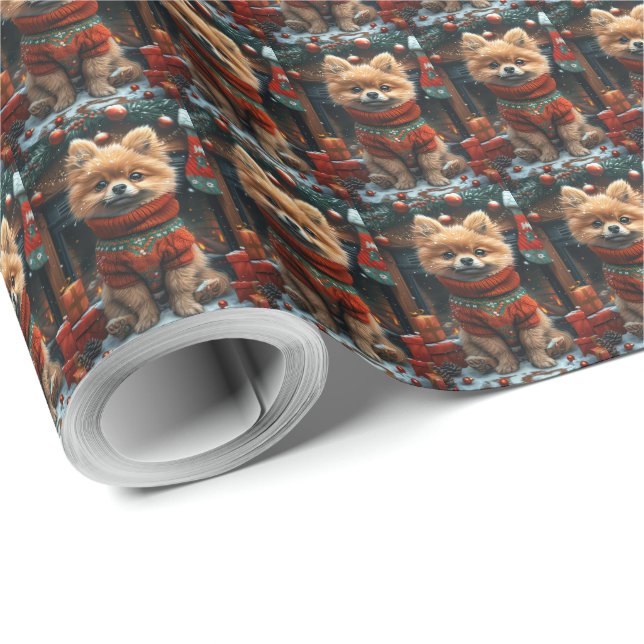 Spitz Hund mit Weihnachtsgeschenken Feuerplatz Geschenkpapier (Rolleneckpunkt)