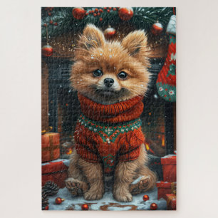 Spitz Hund mit Weihnachtsgeschenken Feuerplatz Puzzle