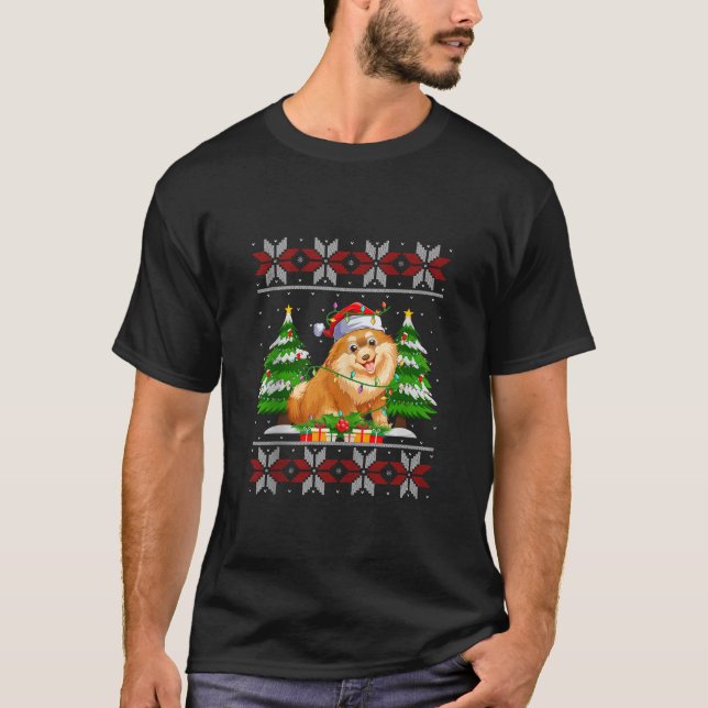 Spitz Hund Weihnachtsbaum Lichter Ugly Sweater T-Shirt (Vorderseite)