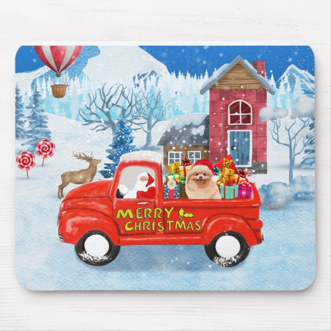 Spitz Hund Weihnachtslieferung LKW Schnee Mousepad (Vorne)
