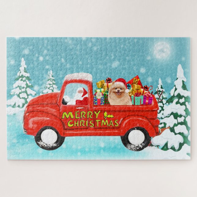 Spitz Hund Weihnachtsmann Lieferwagen Puzzle (Horizontal)