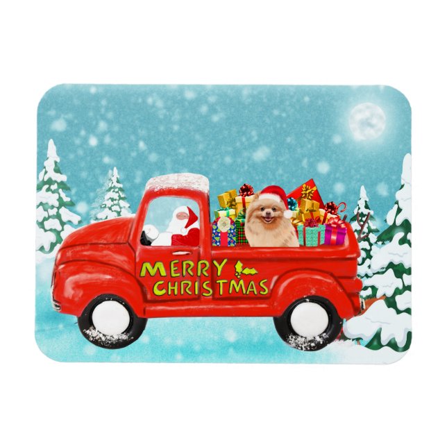 Spitz Hund Weihnachtswagen Magnet (Horizontal)