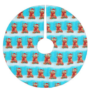 Spitz im Schnee mit Weihnachtsgeschenken Polyester Weihnachtsbaumdecke