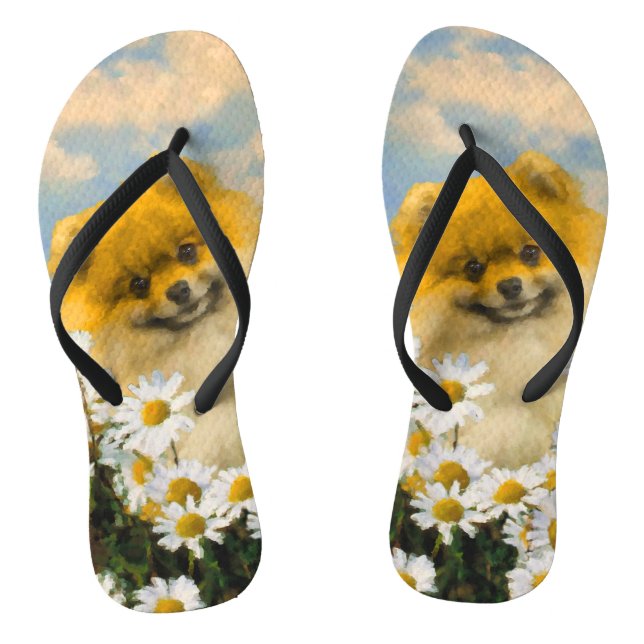 Spitz in Daisies-Malerei - Original Hund-Kunst Flip Flops (Fußbett)