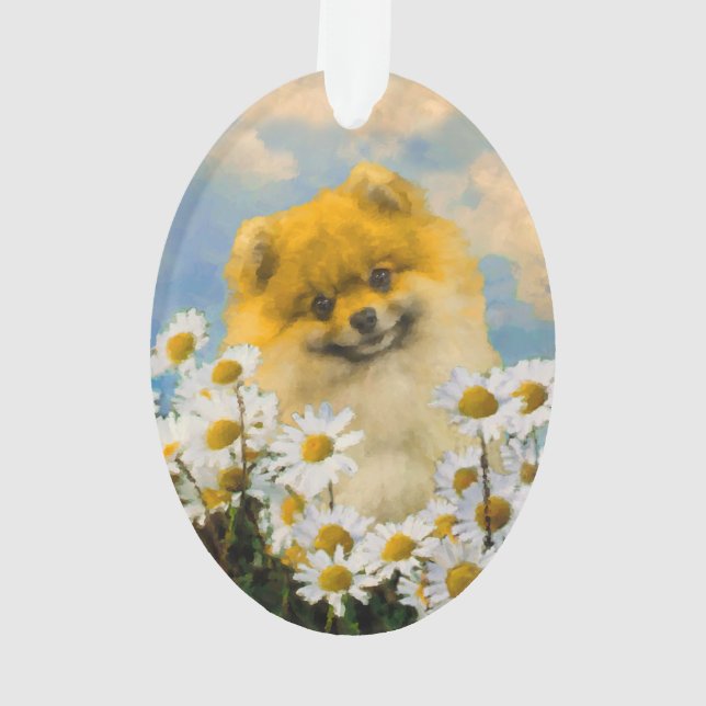 Spitz in Daisies-Malerei - Original Hund-Kunst Ornament (Rückseite)