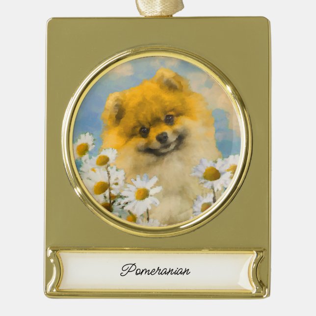Spitz in der Malerei von Daisis - Originale Hundek Banner-Ornament Gold (Vorderseite)