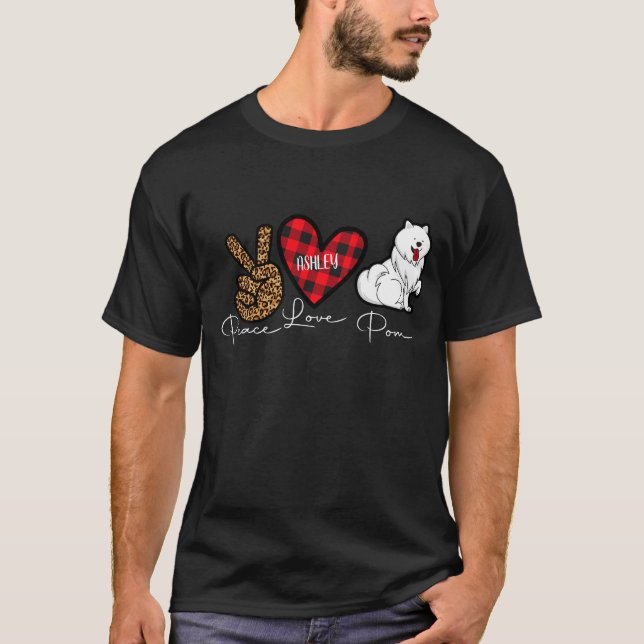 Spitz Karierter Frieden Liebe Niedlicher Hund T-Shirt (Vorderseite)