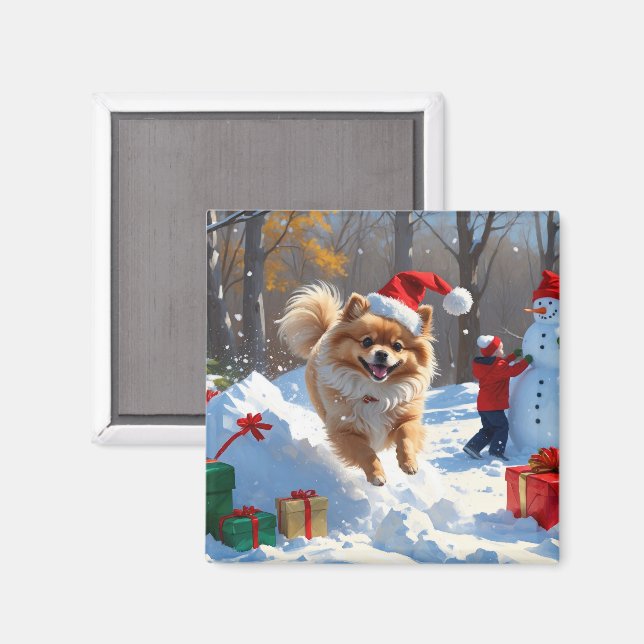 Spitz läuft im Schnee mit Weihnachtshut Magnet (Vorderseite/Rückseite)