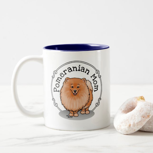 Spitz Mama Pom Mama (orange rot) Niedliche Hunde M Zweifarbige Tasse (Mit Donut)