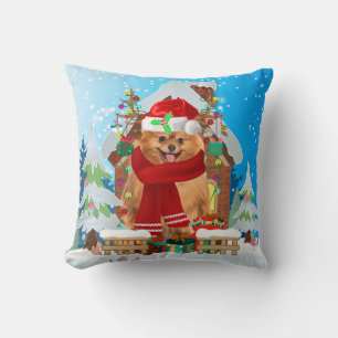 Spitz mit Weihnachtsgeschenke Kissen