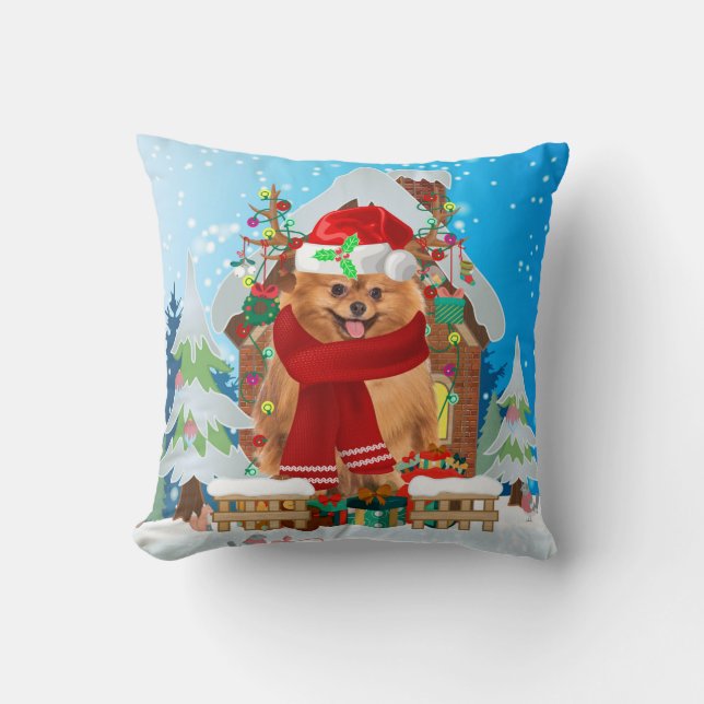 Spitz mit Weihnachtsgeschenke Kissen (Vorderseite)