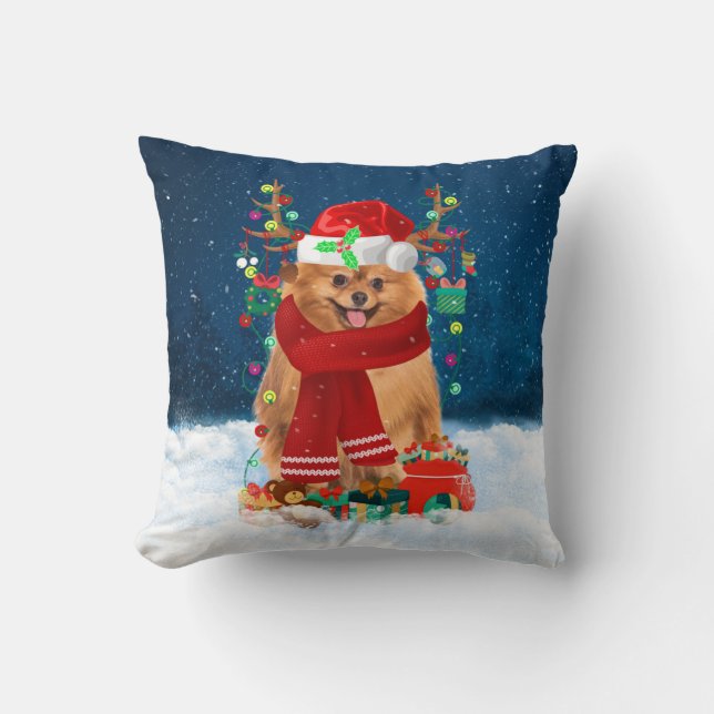 Spitz mit Weihnachtsgeschenke Kissen (Vorderseite)