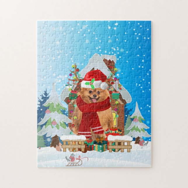 Spitz mit Weihnachtsgeschenke Puzzle (Vertikal)