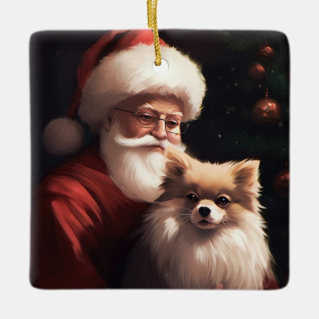 Spitz mit Weihnachtsmann Weihnachten Keramikornament (Vorderseite)