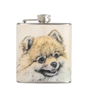Spitz (Orange) Malerei - Originale Hundekunst Flachmann