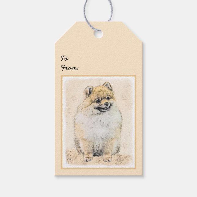 Spitz (Orange) Malerei - Originale Hundekunst Geschenkanhänger (Vorderseite)