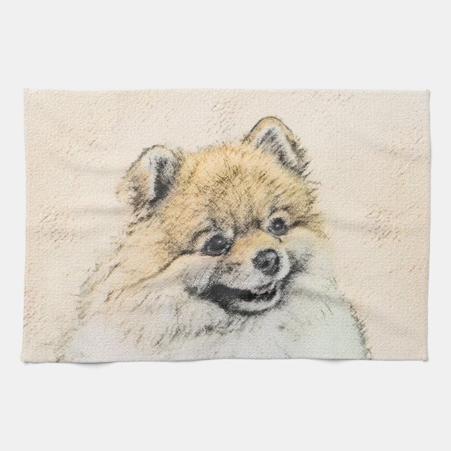 Spitz (Orange) Malerei - Originale Hundekunst Geschirrtuch (Horizontal)