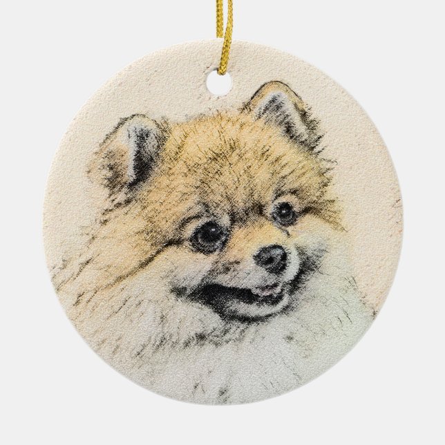 Spitz (Orange) Malerei - Originale Hundekunst Keramik Ornament (Vorne)