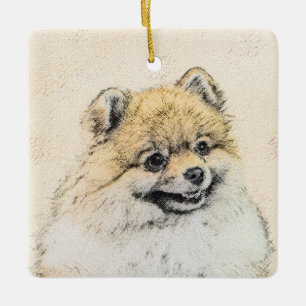 Spitz (Orange) Malerei - Originale Hundekunst Keramikornament