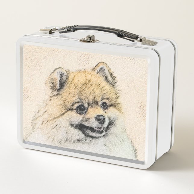 Spitz (Orange) Malerei - Originale Hundekunst Metall Brotdose (Vorderseite)