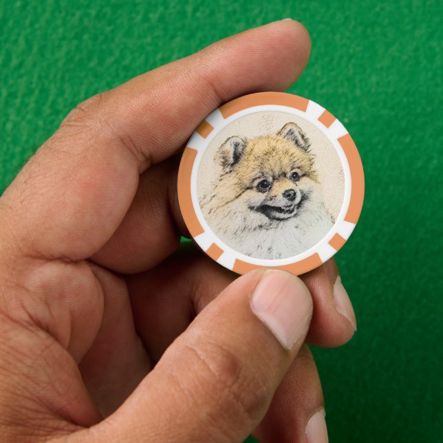 Spitz (Orange) Malerei - Originale Hundekunst Pokerchips (Hand)